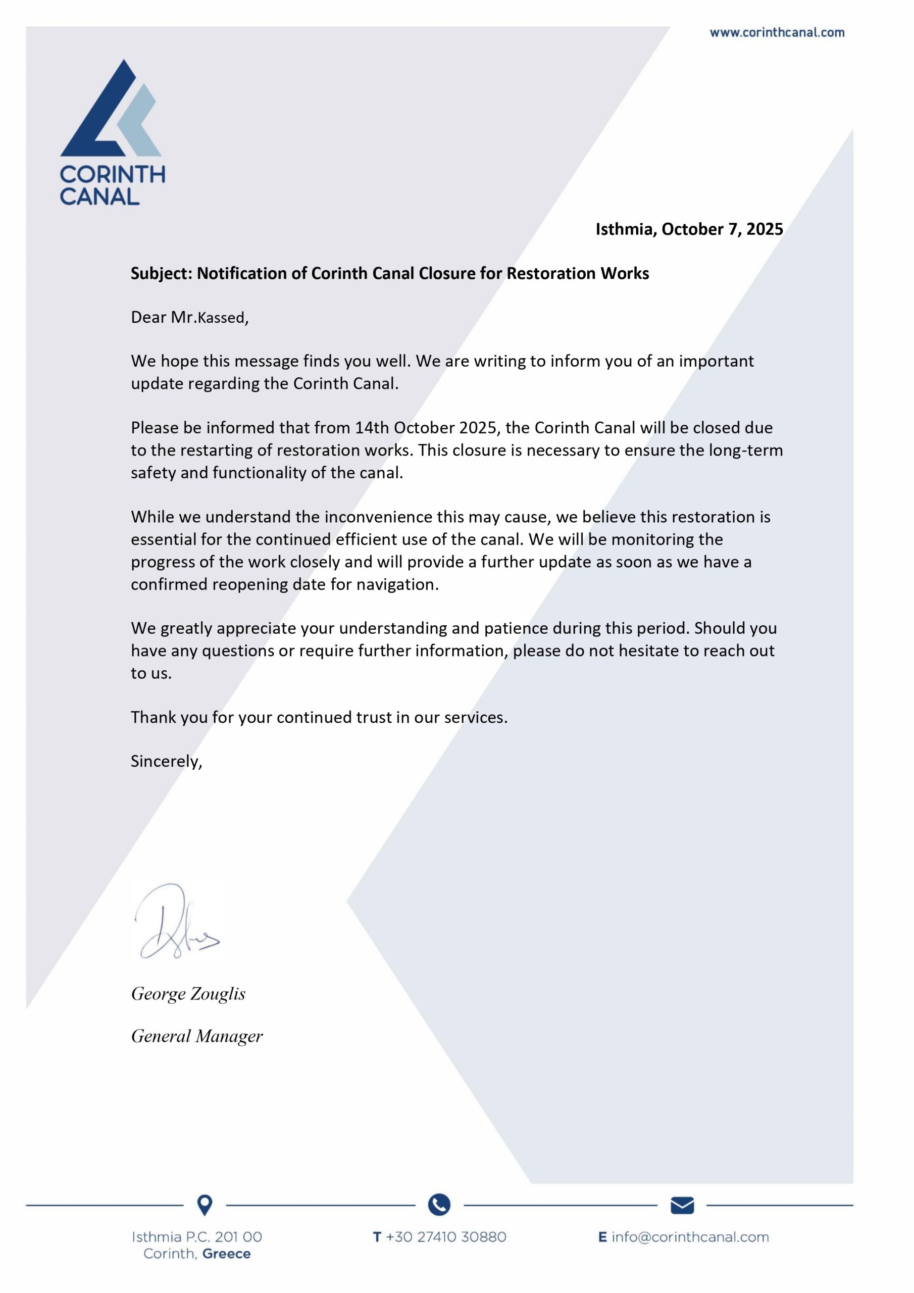 Notification of Corinth Canal Closure for Restoration Works